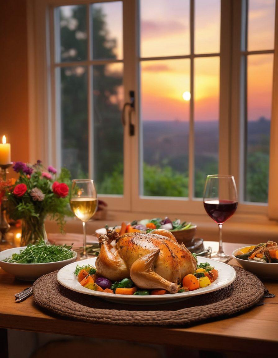 A cozy kitchen scene featuring a beautifully plated roasted chicken dish garnished with fresh herbs, surrounded by colorful vegetables and aromatic spices. Soft candlelight illuminates the table setting with romantic touches like heart-shaped napkins and a glass of wine, evoking warmth and affection. The background shows a window with a sunset view, symbolizing the comfort of home-cooked meals shared with loved ones. warm colors. super-realistic. intimate ambiance.