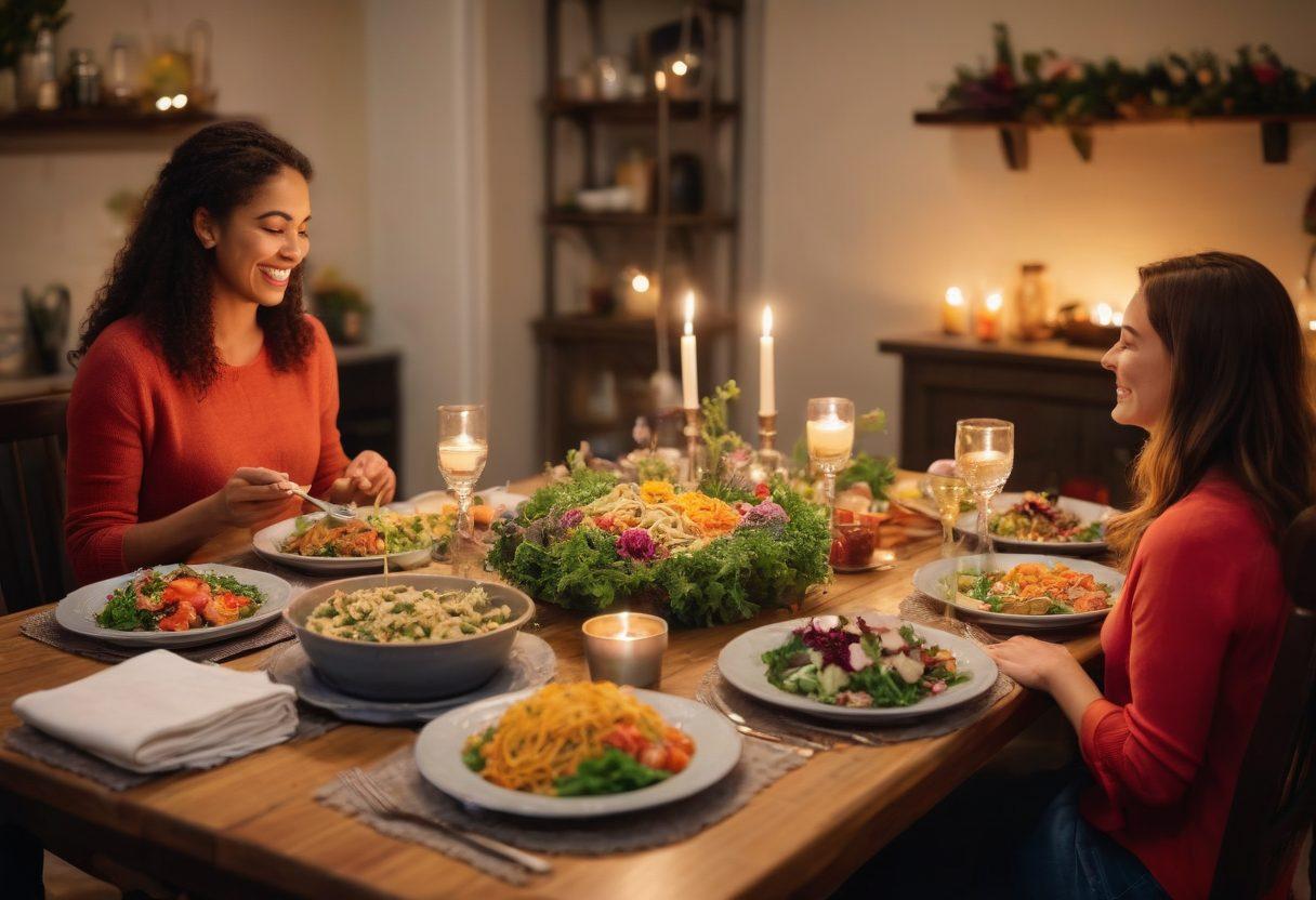 A beautifully set dinner table with a cozy ambience, featuring an array of delicious, wholesome meals such as colorful salads, hearty pasta, and freshly baked bread, surrounded by soft candlelight. A couple is sharing a laugh over the meal, with warmth radiating from their smiles. Incorporate romantic decor elements like flowers and intimate lighting. vibrant colors. soft focus.