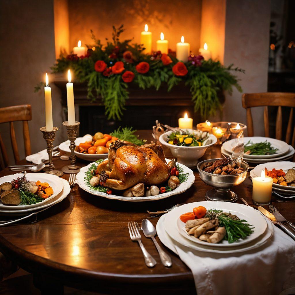 A cozy dinner setting featuring a beautifully arranged table with two plates of mouthwatering poultry dishes, aromatic herbs, and colorful side vegetables. Soft candlelight casts a warm glow, enhancing the romantic atmosphere, while a backdrop of gentle floral decorations adds a touch of elegance. In the foreground, a heart-shaped emblem made of spices and herbs symbolizes love and nourishment. Painting style. warm colors. soft focus.